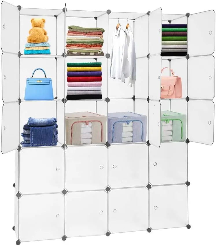 

Cube Organizer, 20-Cube Plastic Closet Cabinet, DIY Plastic Modular Book Unit, Cube Shelves with Doors and Hanging Rods - Tran