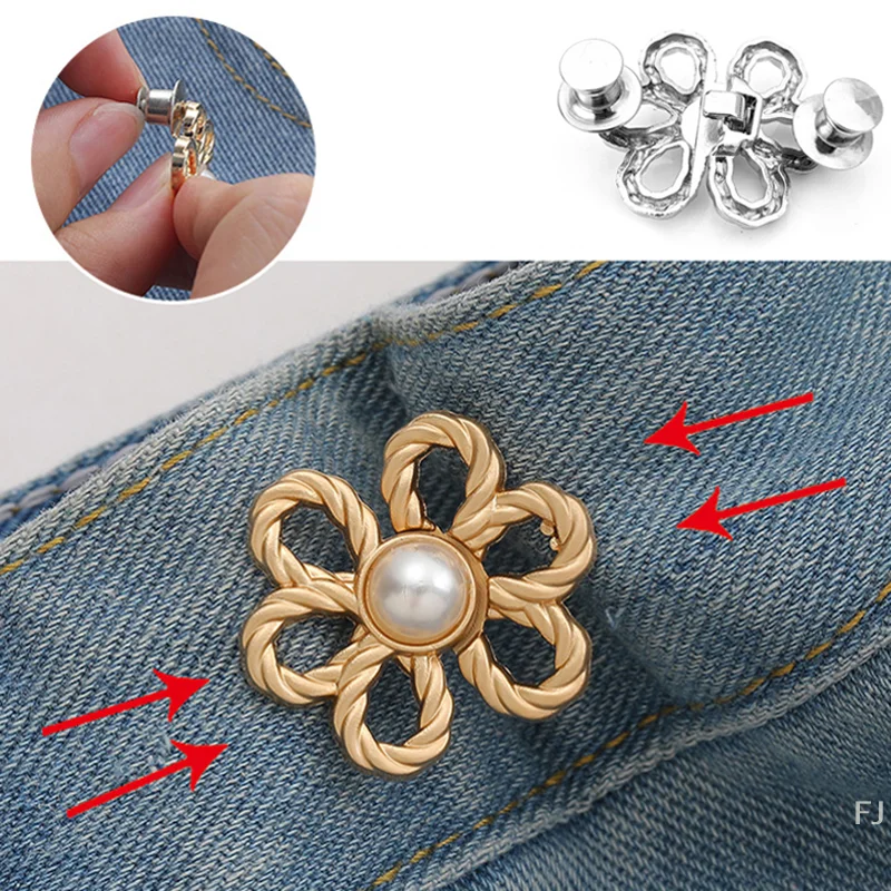 أزرار إطباقية لحزام الخصر من سبيكة بروش مع زهرة اللؤلؤ؛ مشبك جينز قابل للفصل