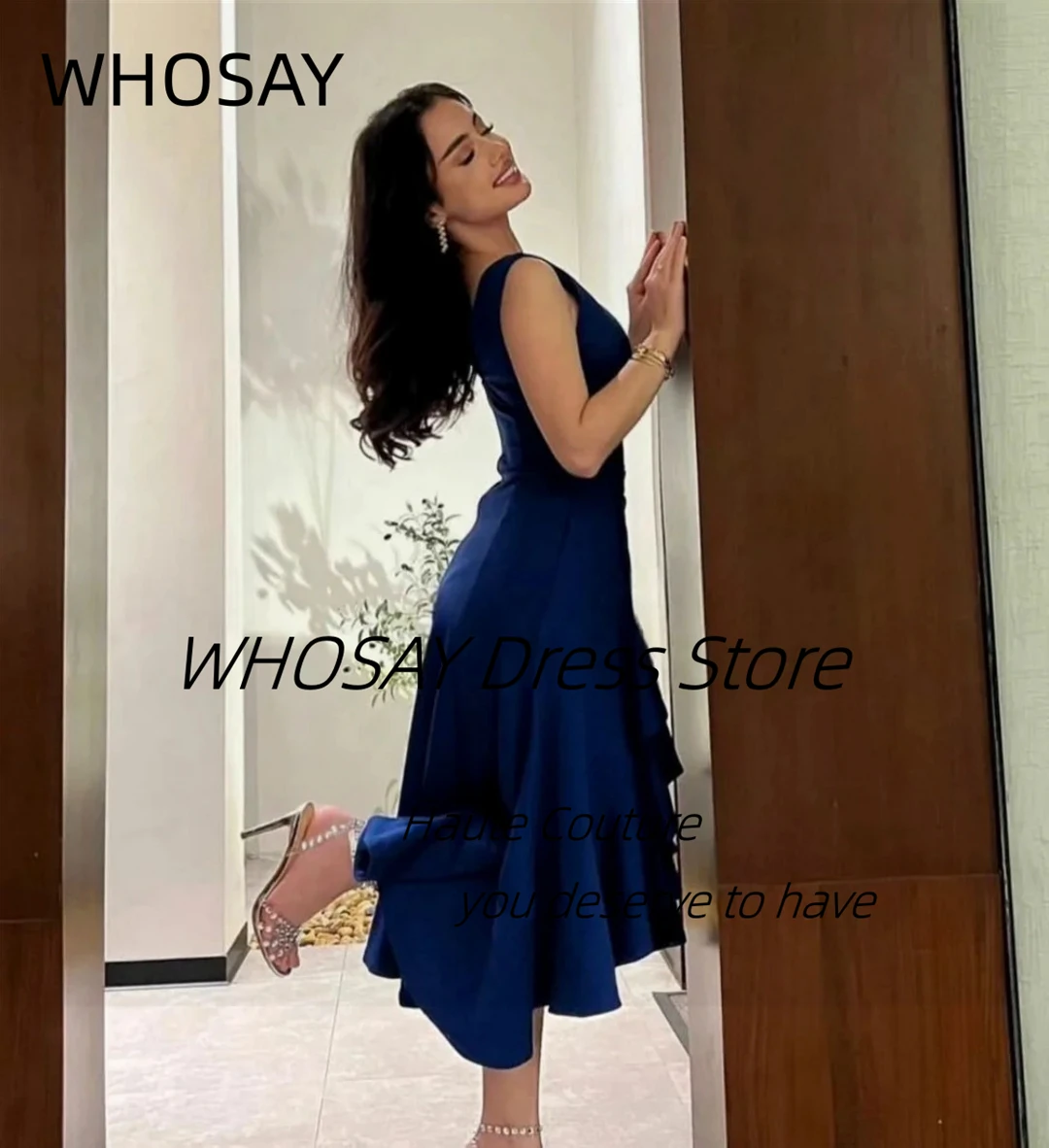 WHOSAY Tea Length Prom Dresses Scoop Neck Zipper Back Robe Des Cocktail Party Dress Customized Sleeveless Short Evening Gowns