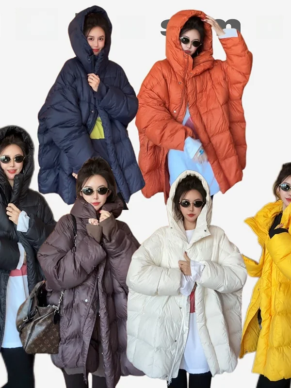 

Зимняя модная корейская удлиненная куртка с капюшоном и длинными рукавами, женская свободная теплая повседневная белая пуховая верхняя одежда средней длины