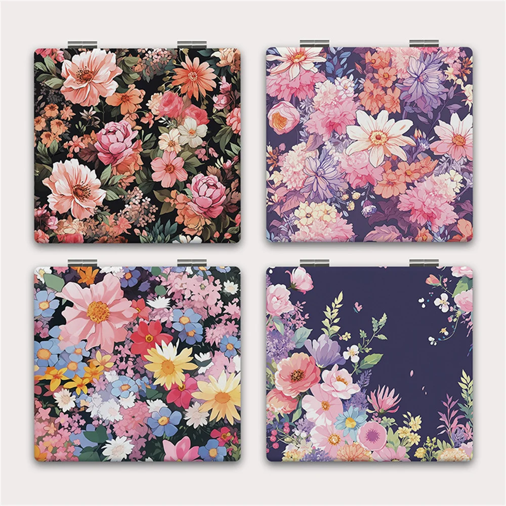 Flower Printing Makeup Mirror PU Leather Foldable Cosmetic Mirror Portable Mini Double-Sided Mirrors Women Pocket Makeup Tools