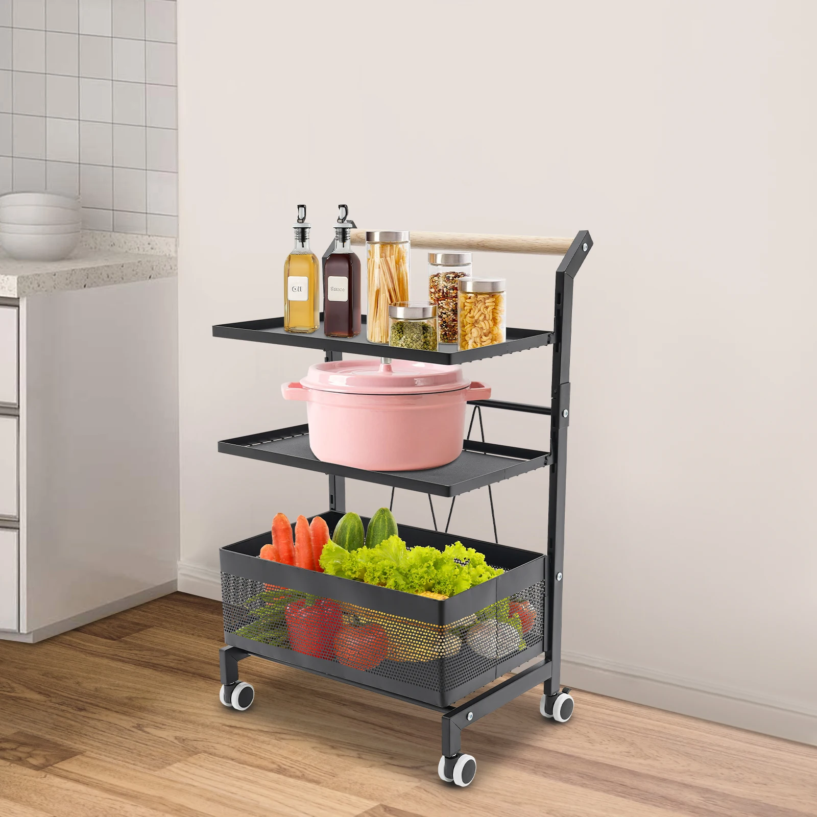 Lagerregalwagen Weiß/Schwarz Rostbeständiger Lebensmittelwagen mit Rädern für Küche/Wohnzimmer/Schlafzimmer/Schlafsaal/Badezimmer – Detail 4