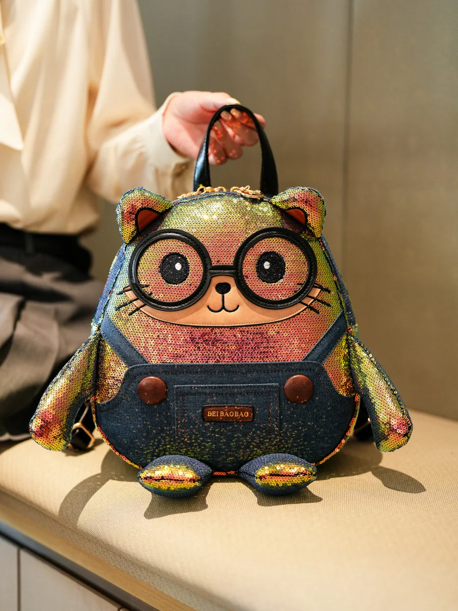 かわいい猫柄大容量レディースバックパックキラキラ通勤バッグおしゃれノースバッグ2026新モデル柔らかい素材