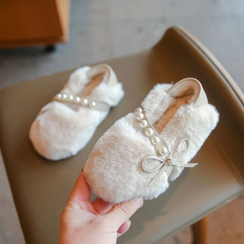Toddler Girls Winter Furry Flat Shoes Pearl Bow Elastic Strap Warm Plush Princess Dress Shoes