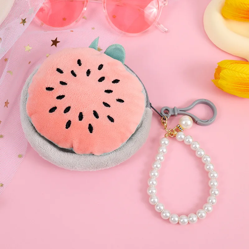 Cute Beaded Chain Fruit Shape Plush Coin Purse Watermelon Pineapple Orange Strawberry Purse Bag Pendant Kids Coin Pouch Wallet