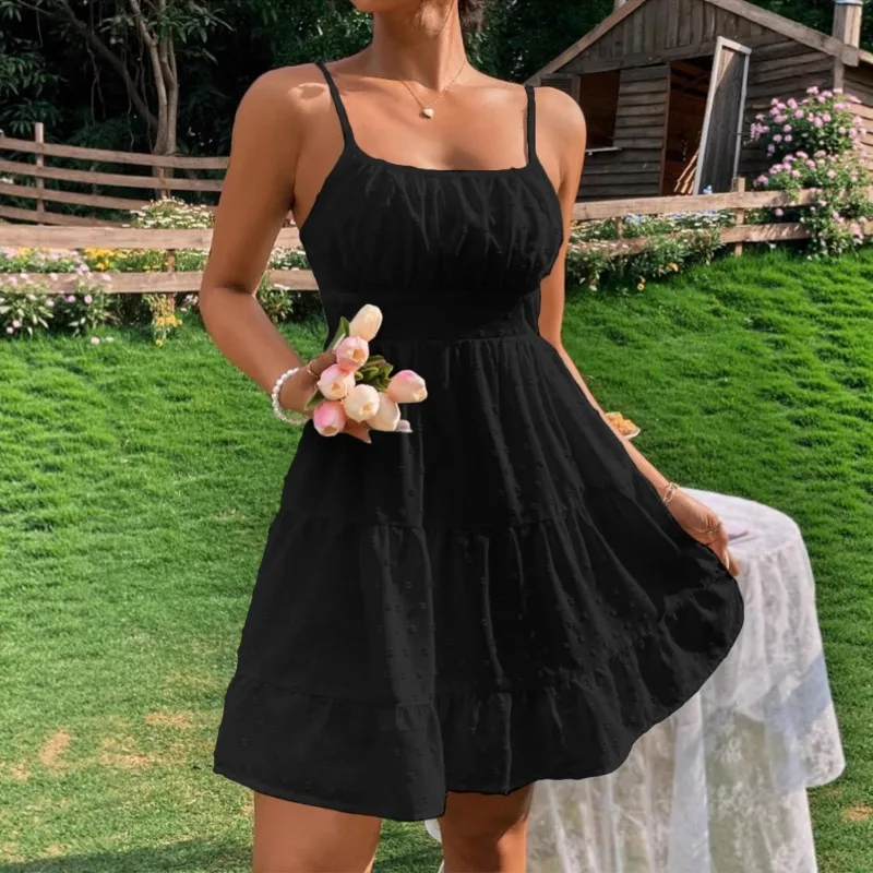 Summer Women's Sexy Waist-cinching Ruffled Plain Color Sleeveless Camisole Dress 2026