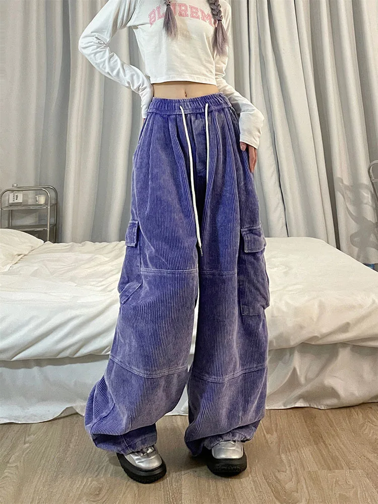 American Retro Purple Corduroy Overalls Fashion Pants Winter Loose Women Wide-Leg Thickened Washed Distressed Straight Trousers