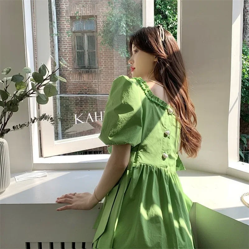 Vestido de diseño Bandage para mujer, dulce cuello cuadrado, manga abombada, estilo coreano Ulzzang femenino, Vestidos populares para vacaciones con estilo