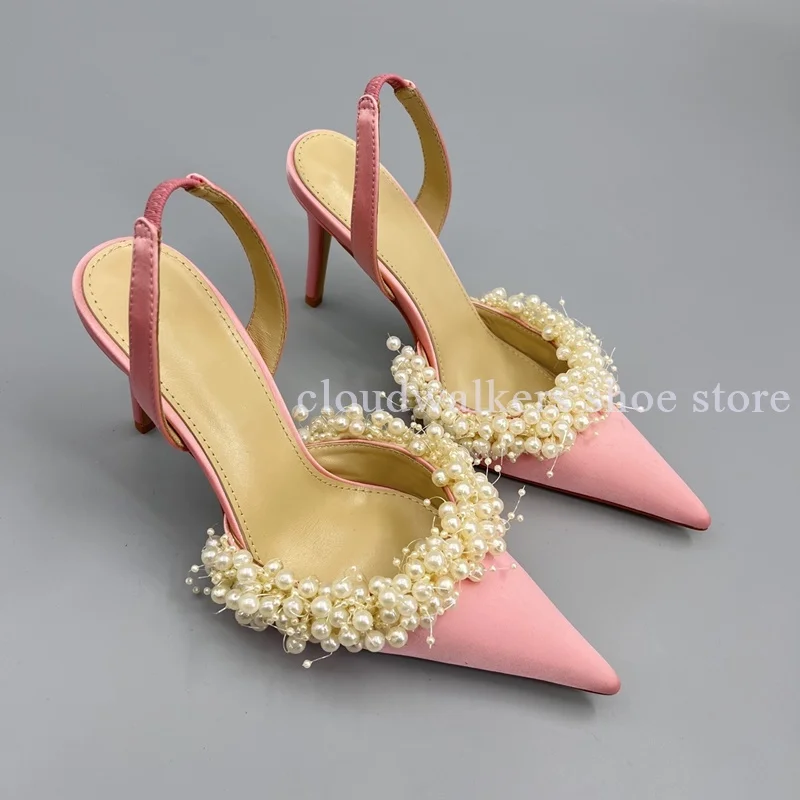 Graceful White Pearl String Bead Silk Satin Point Toe Sandal Slingback Back Strap Stiletto Sandal New Design Sense Wedding Shoes