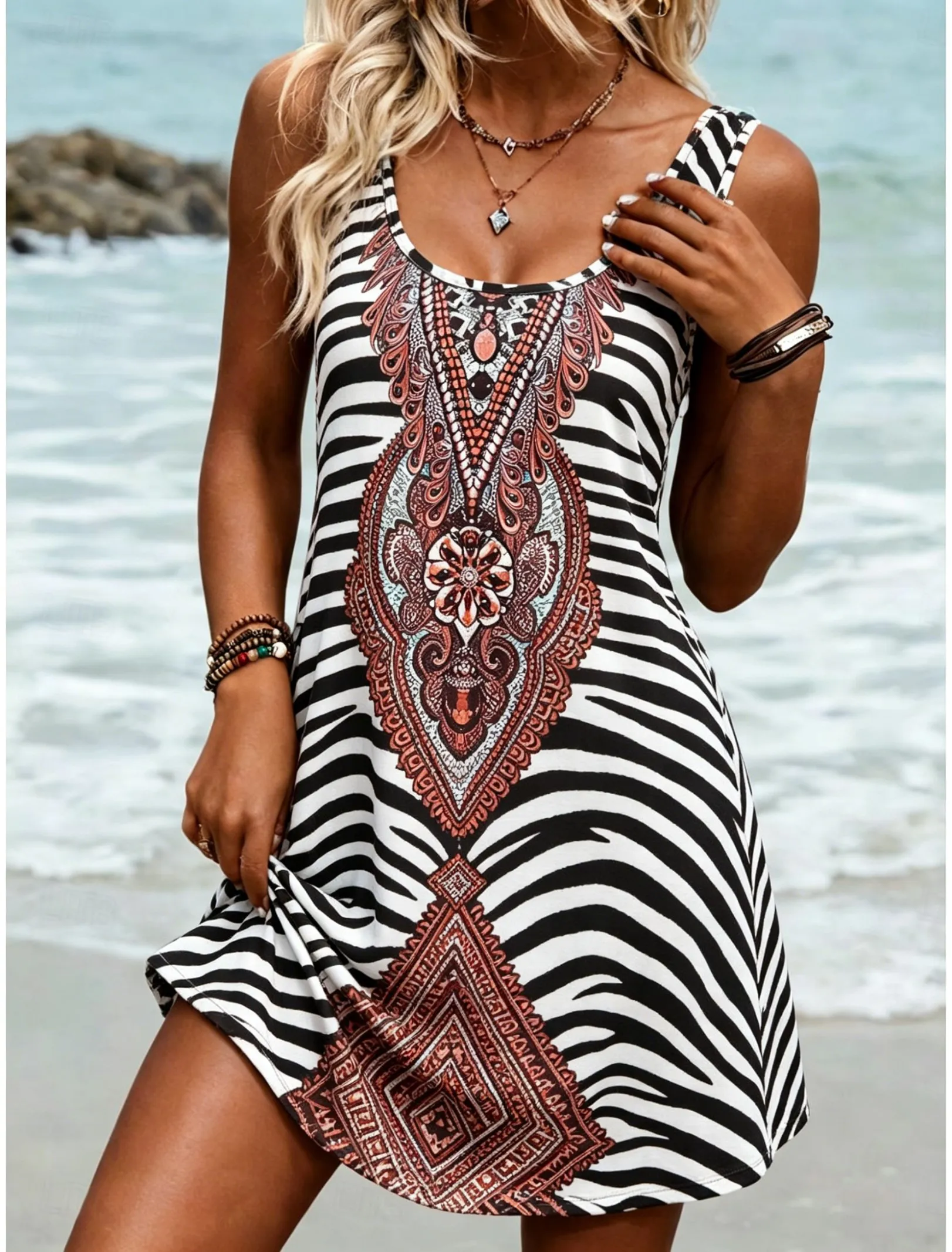 Ärmelloses Damen-Minikleid mit Rundhalsausschnitt und Zebra-Streifenmuster, Boho-Tankkleider für Frühling und Sommer