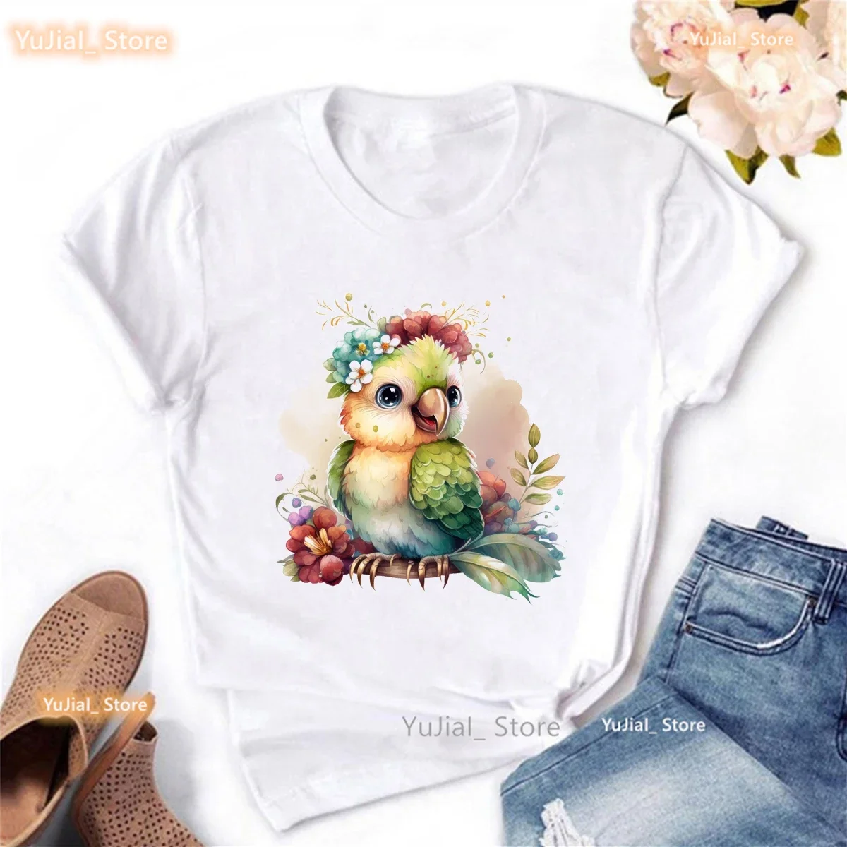 2024 Hot Sale Watercolor Bird Print T Shirt Girls Funny Kawaii Clothes Summer Top Tee Shirt Femme O-Neck Short Sleeve T-Shirt