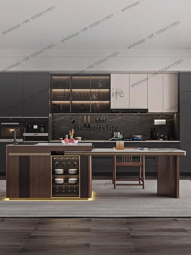 hot New Chinese rock slab island dining table integrated retractable New Chinese modern simple solid wood dining barFactory Dire