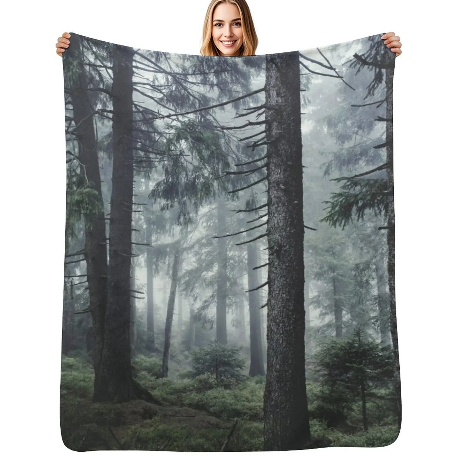 

Path Vibes // Wild Romantic Misty Retro Fall Wilderness Fairytale Forest With Cascadia Trees Covered In Magic Blue Throw Blanket