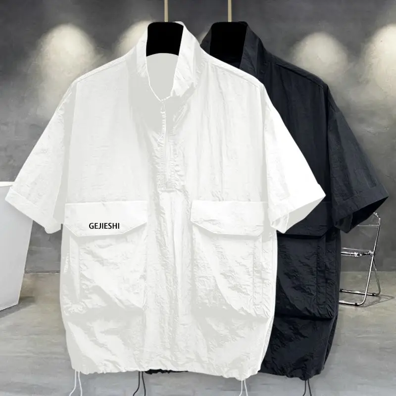 Men's Pockets Patchwork Street Casual Tops Summer Short Sleeve Solid All-match Youth Fashion T Shirts Korean Trend Men Clothing