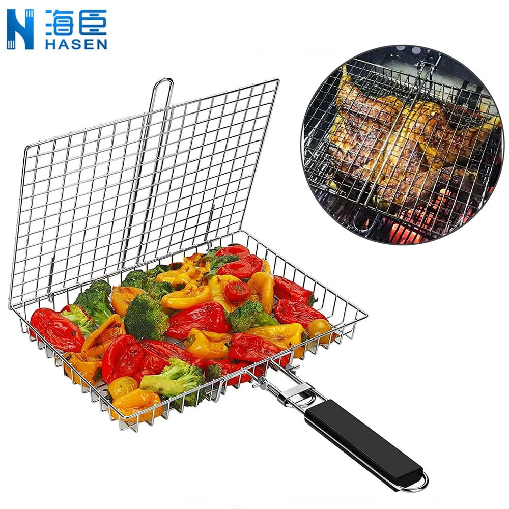 Stainless steel barbecue mesh barbecue basket square large capacity folding barbecue mesh clip bbq basket