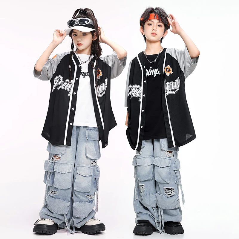 ヒップホップ男の子野球デニムシャツ破れたジーンズ女の子ストリートカーゴパンツ子供ストリートダンス服子供ステージ衣装