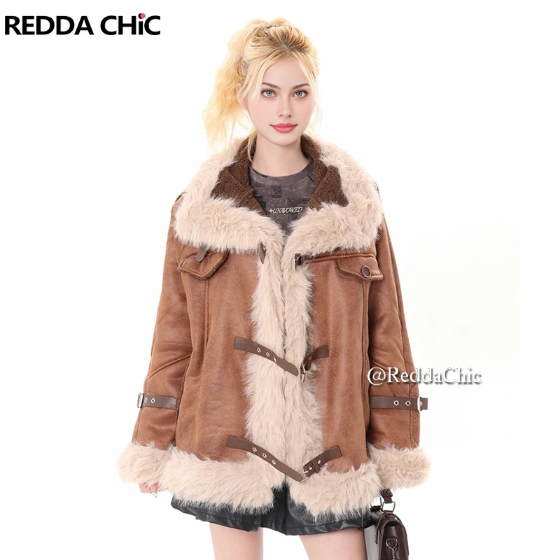 

ReddaChic коричневая замшевая кожаная куртка в стиле ретро на флисовой подкладке, женская мотоциклетная куртка в стиле панк с пряжкой, пушистое пальто из искусственного меха, зимняя верхняя одежда