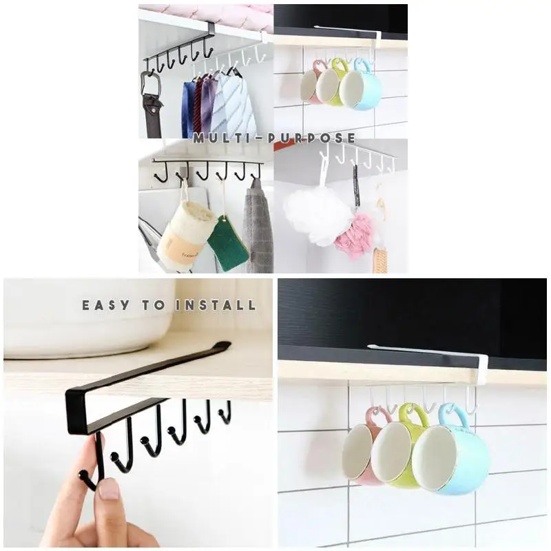 

Under-Cabinet Hanger Rack With 6 Hooks Kitchen Cupboard Storage Shelf Hook