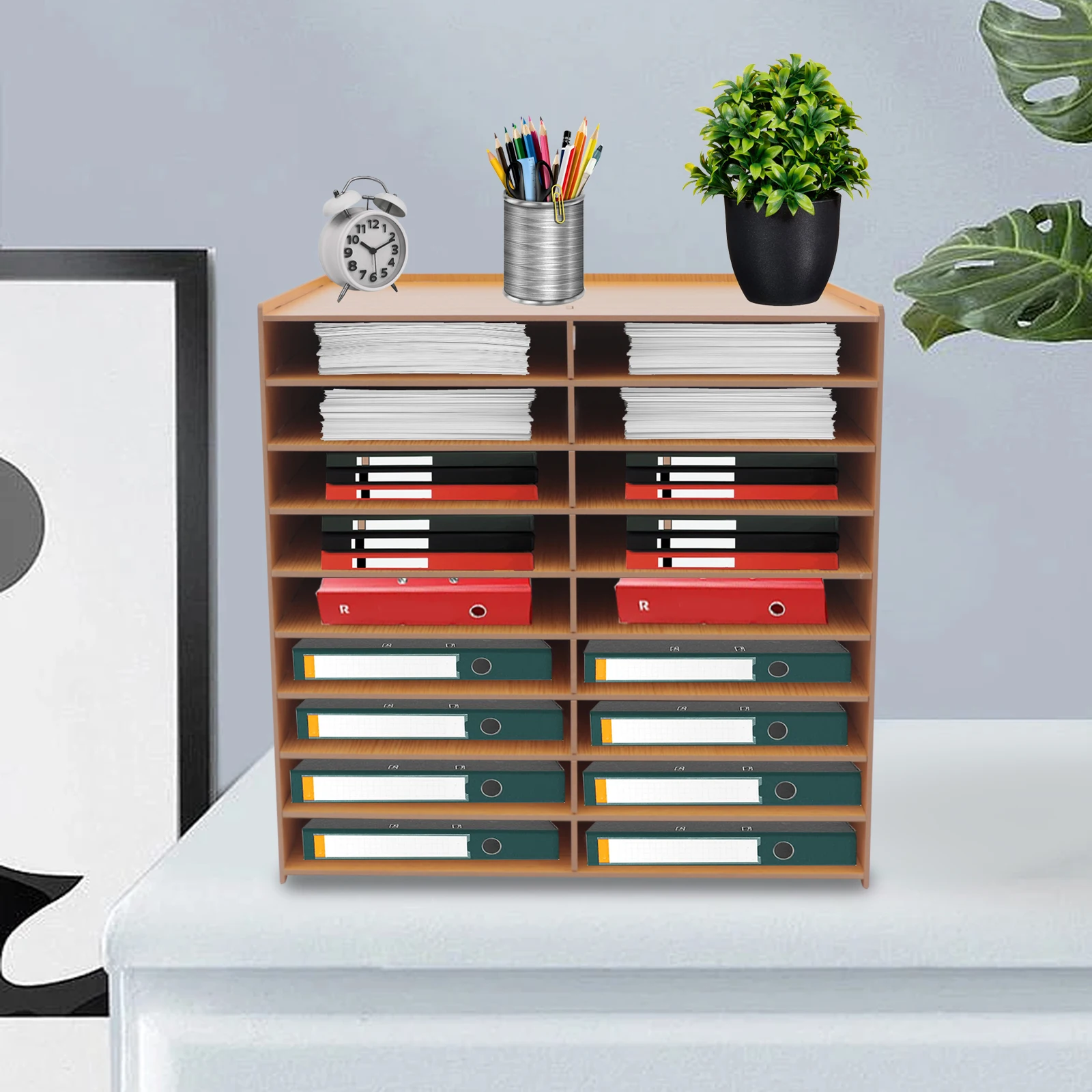 

White Wood Office File Literature Organizer on Desk Floor Large Classroom Mailbox Center Keeper for Document Storage Bookshelf