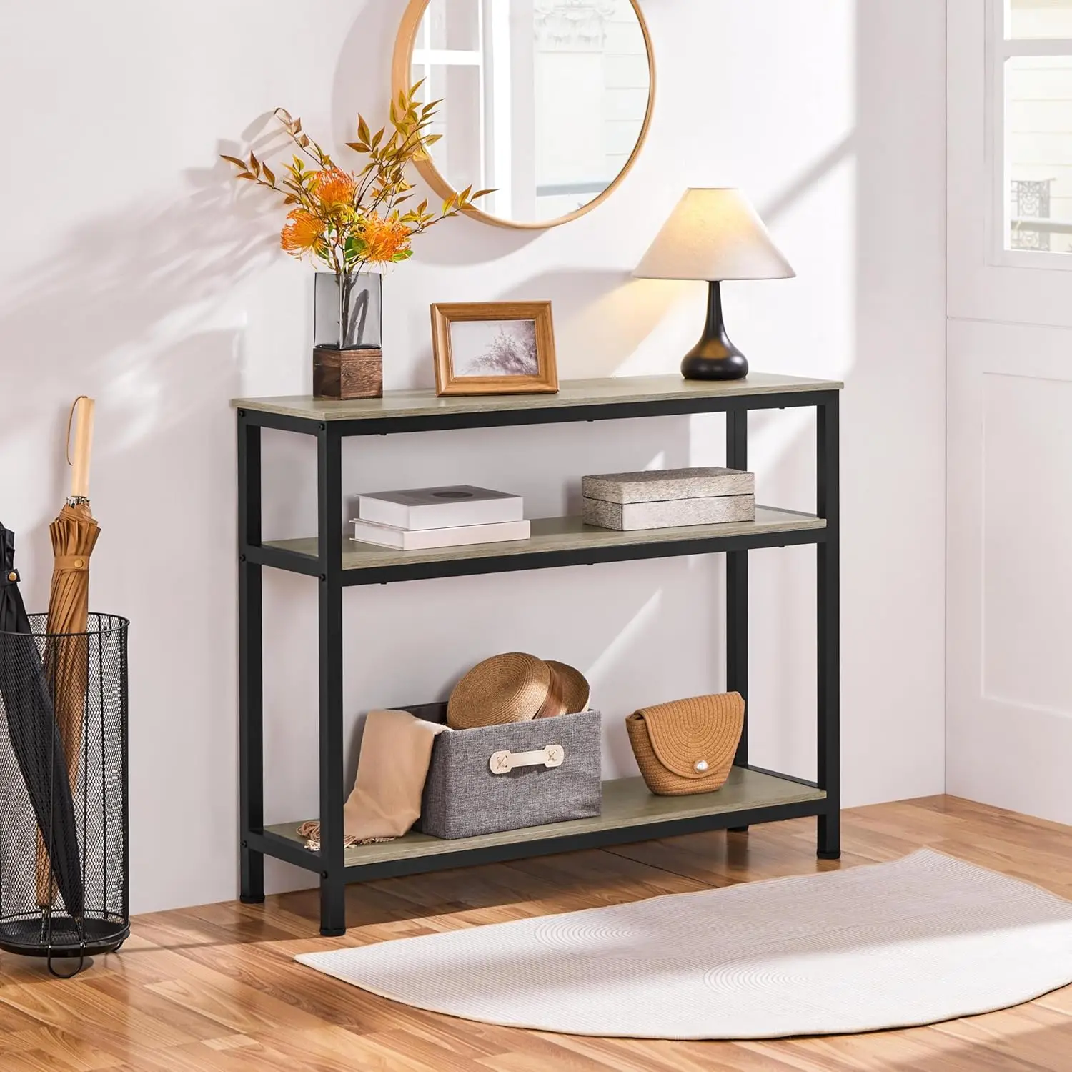 

Стол для прихожей с полками для хранения, 40-дюймовый консольный столик с металлическим каркасом, деревянные диванные столики за диваном для прихожей, серый