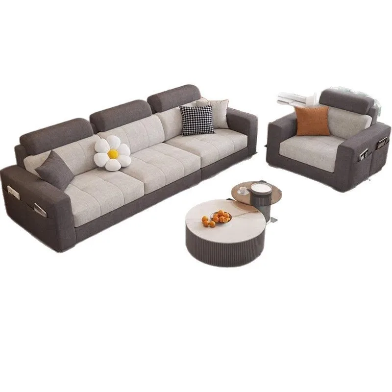 

Small apartment contrasting color cat scratching skin high backrest straight row cream style Nordic cotton and linen fabric sofa