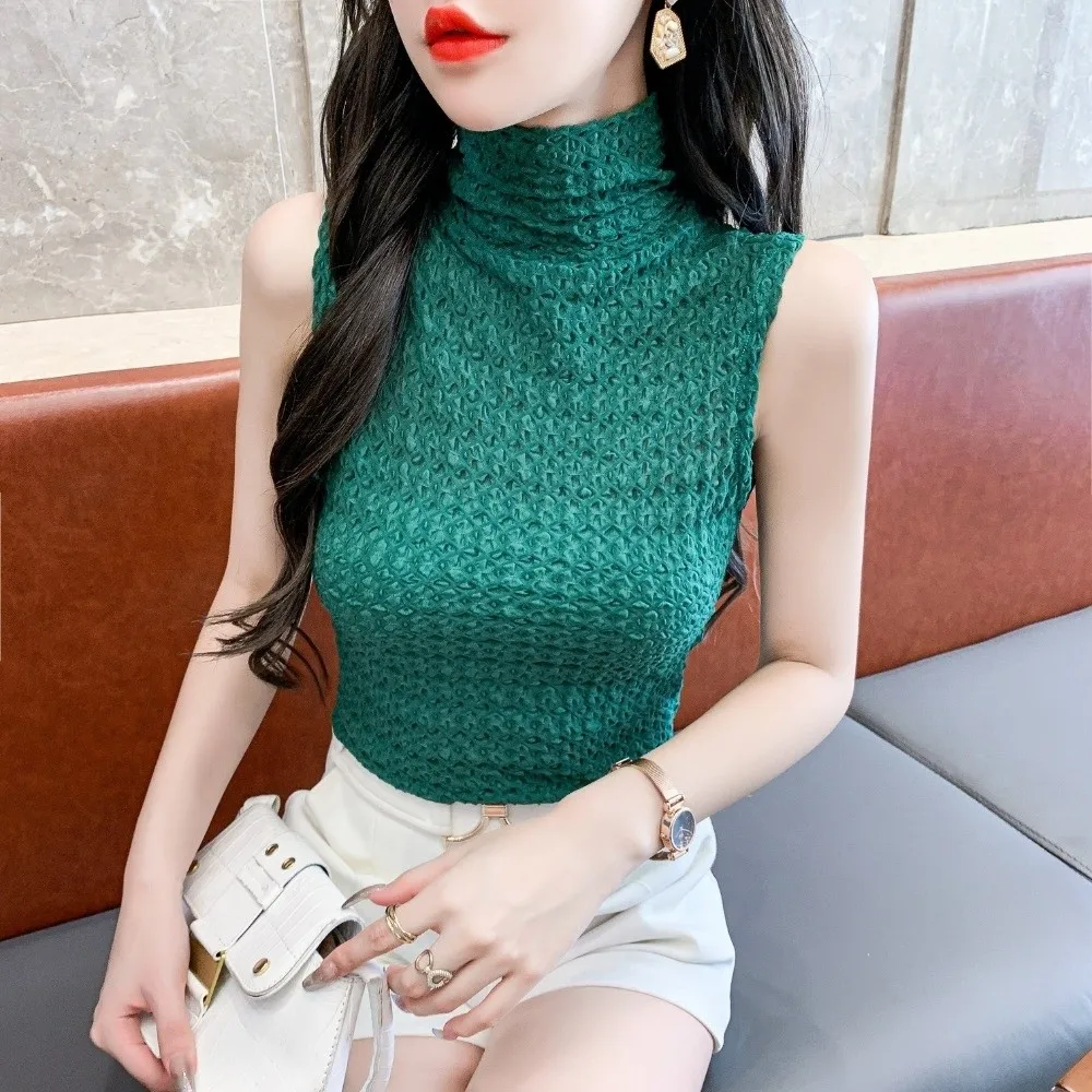 Fashion Turtleneck Collar Tank Top Sleeveless Hollow Out Mesh Blouse Crinkle Texture Slim Fit Sleeveless Vest Office Layering