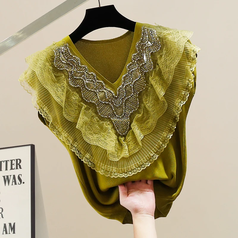 

Faionable Heavy Embroidery Knitted round Ne irt Women's Sle Splice Design Slimming Top V-ne Svel Casual Wear