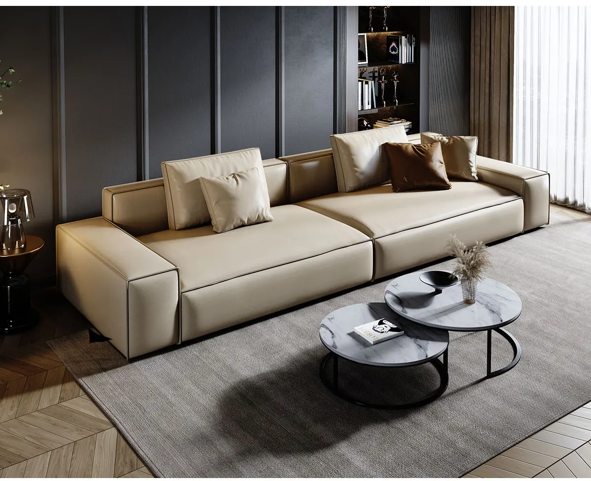 Real leather Upholstered Sofa with Pillows Modern Beige 3-Seat