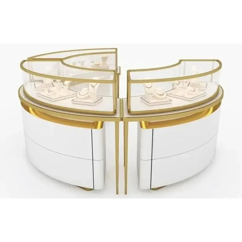 custom.Beige Matte Rose Gold Thin Stainless Steel Frame Combination Jewelry Display Counter Curved Side Table With Dual G