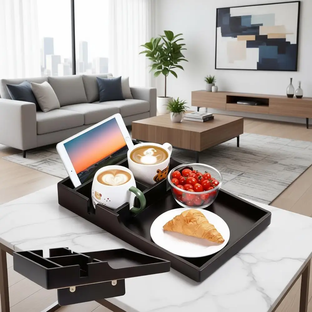 

Поднос-органайзер для дивана, 2-в-1, бамбуковый, с 4 отделениями, подходит для зазоров в сиденьях или пуфах, для закусок, напитков, пультов, 15.3 дюйма