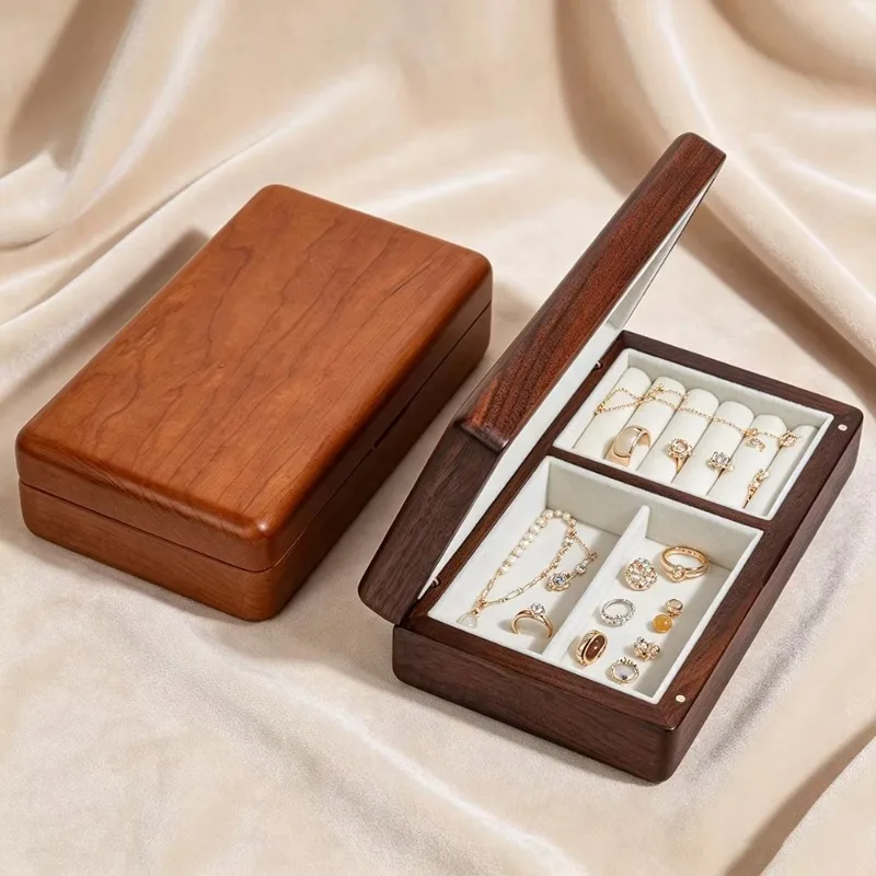 XMSJ Solid Black Walnut Wooden Jewelry Box With Velvet Interior And Magnets Vintage Style Storage Case For Necklaces Rings Earri