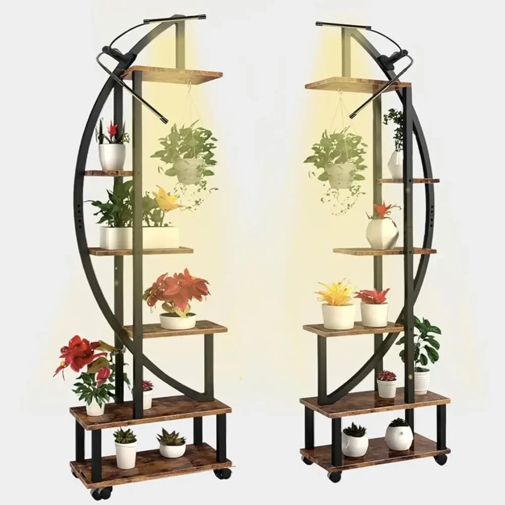 2 pcs 6 Tier Tall Metal Plant Stand Indoor with Growing Light, Half Moon Shape Large Plant Shelf & Detachable Wheels