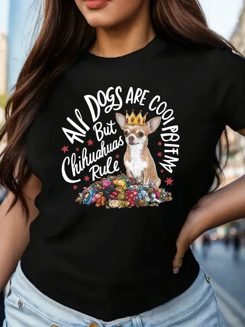 

Women's New Plus Size Fashionable Casual Commuting Street Style Multifunctional Loose Crown Dog Print Round Neck Top