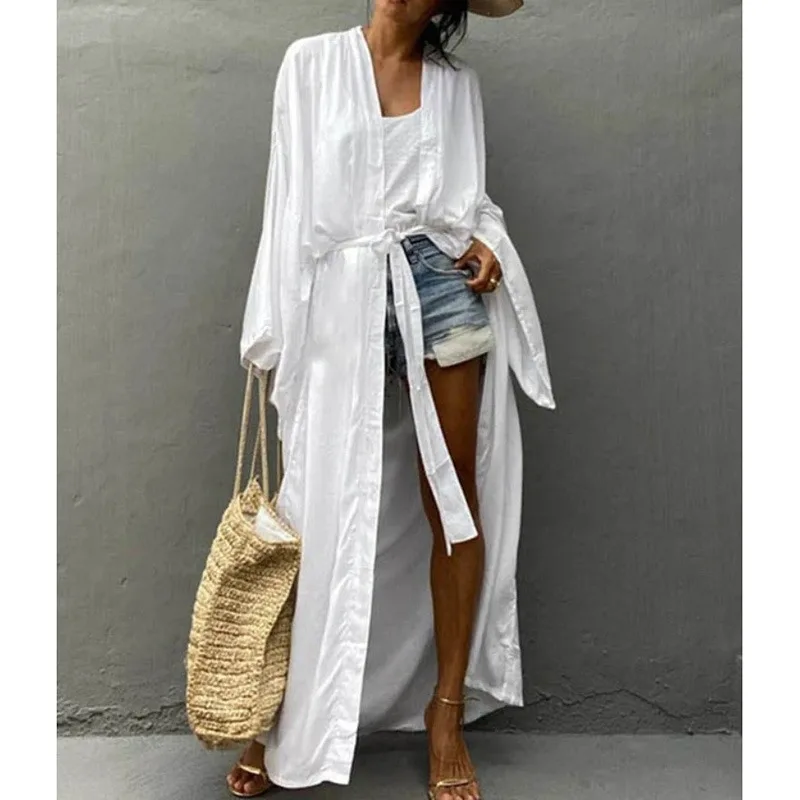 ชุดคลุมชายหาดสีพื้นสำหรับผู้หญิง ชุดว่ายน้ำลำลองสไตล์กิโมโนโอเวอร์ไซส์ รุ่นใหม่ปี 2025 ชุดคลุมบิกินี่