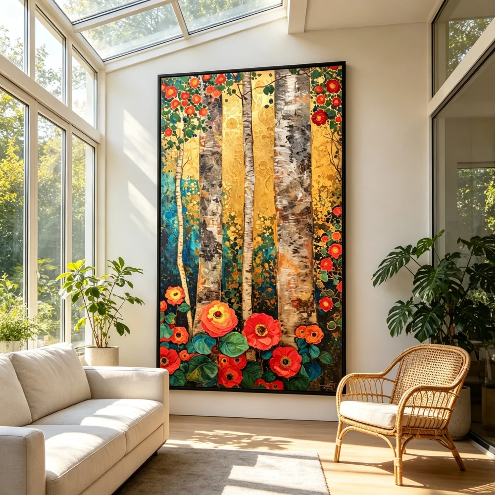 Large Frameless Canvas Wall Art,Abstract Birch Tree Canvas Wall Art Colorful Dot Painting Forest Floral Landscape Print Modern H