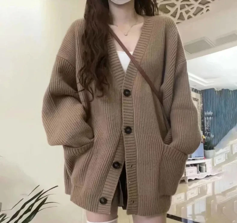 

Осень-зима, женский кардиган, свитер, пальто, модные женские свободные вязаные куртки с длинным рукавом и v-образным вырезом, повседневный свитер