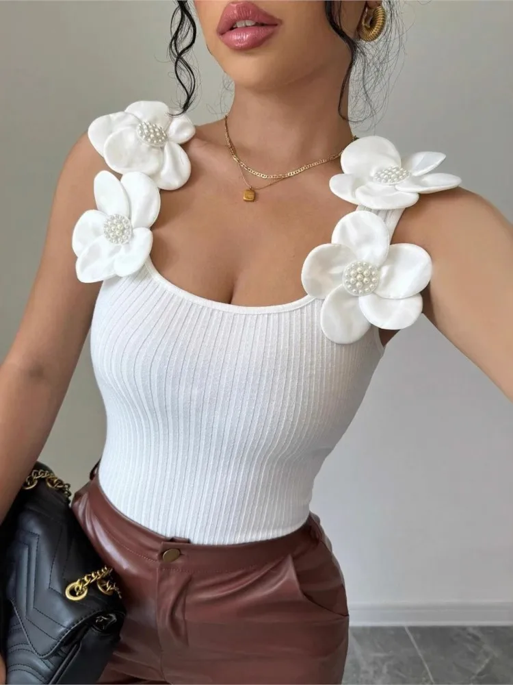 

European American T-shirt Women's Summer New style Casual Three-Dimensional Flower Decoration Knitted Sleeveless Top,Skinny Vest