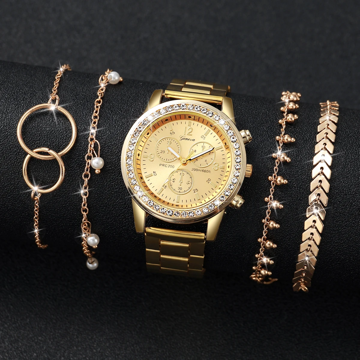 Fashion Women Golden Color Stainless Steel Quartz Watch With Bracelet Set 5PCs