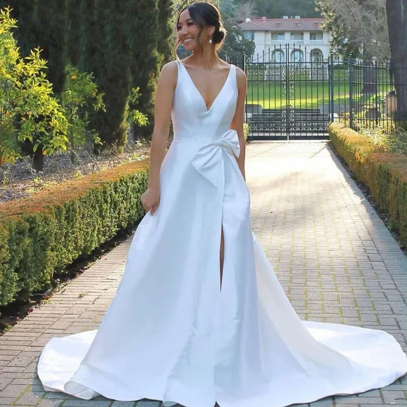 

Flavinke V-Neck Wedding Dresses For Women Robe De Mariée 2024 Custom Made Simple V-neck Beach Side Split With Bow Bridal Gowns