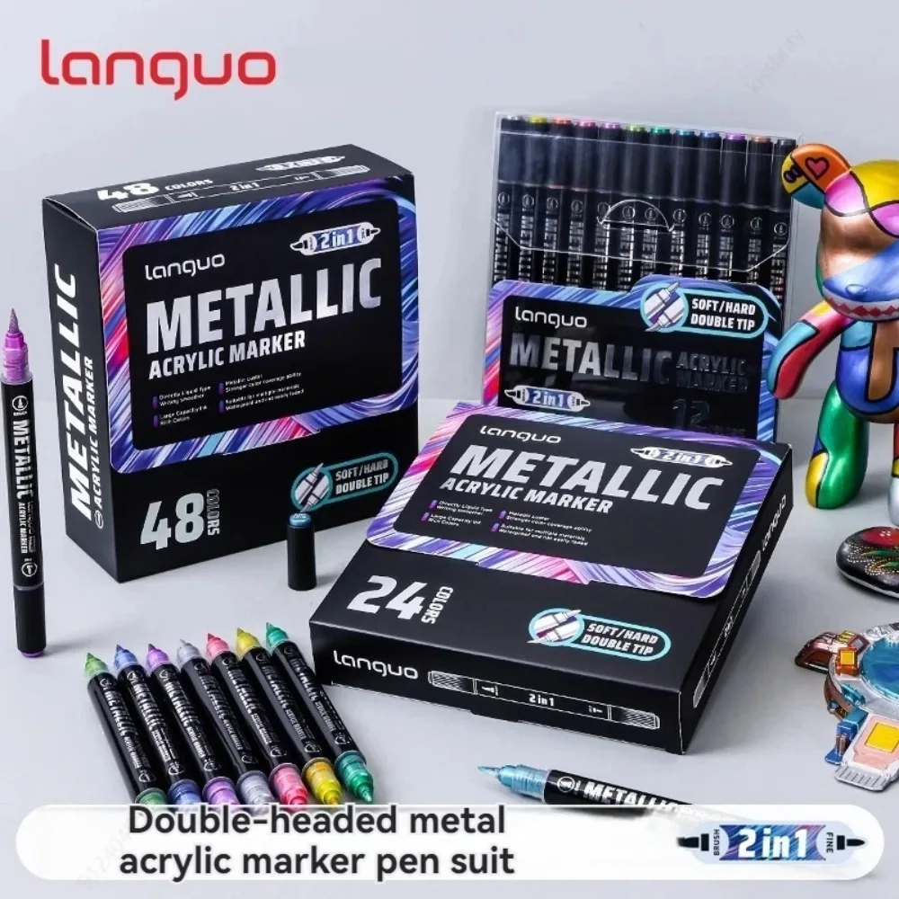 Languo 12-48Colors Dual Tip Metallic Acrylic Marker Pen Set Student Rock Scale Model Painting DIY Graffiti Hand Drawn Paint Pens