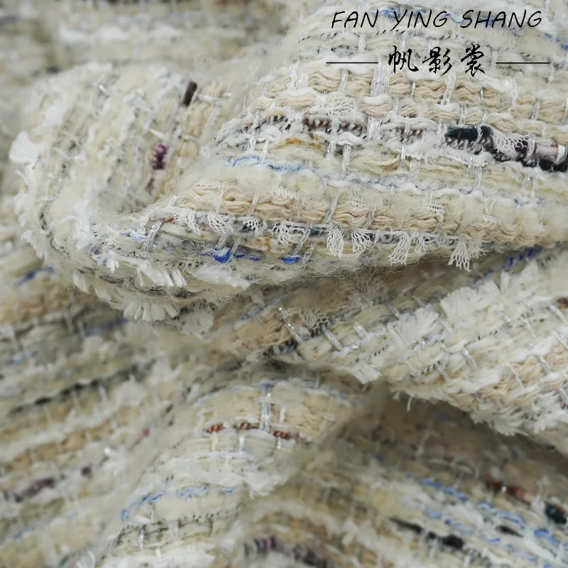 

2025 Beige Shiny Tassel Mesh Gauze Wool Tweed Fabric For Coat Telas Para Costura Tissus Couture ткань Cloth Material Sewing