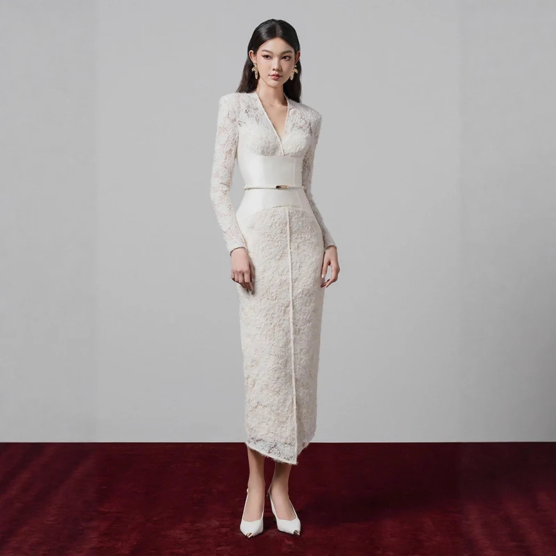 

High Quality V-neck Lace Splice Dresses Spring Women Long Sleeves Slim Long Dress Autumn Female High Waist Knee Length Dress