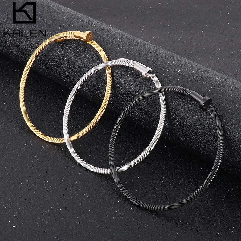 Unisex Fashion Silver/Gold Color Stainless Steel Strand Nail Charm Bangle For Men Women Punk Simple Hand Party Jewelry Gifts