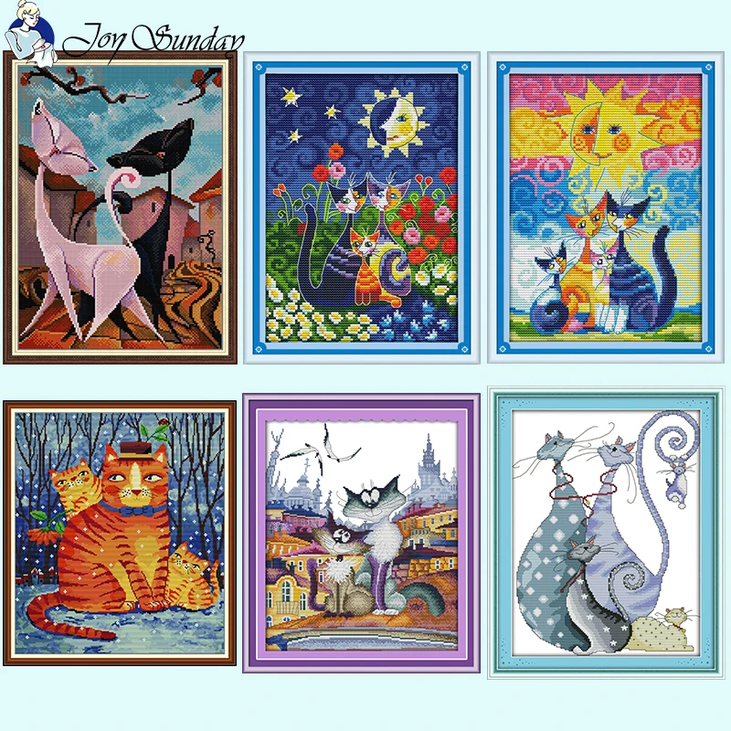 Art Cat Series Cartoon Animal Patterns Cross Stitch Set 14CT 16CT 11CT Counted Stamped Needle Thread Embroidery DIY Sewing Kits