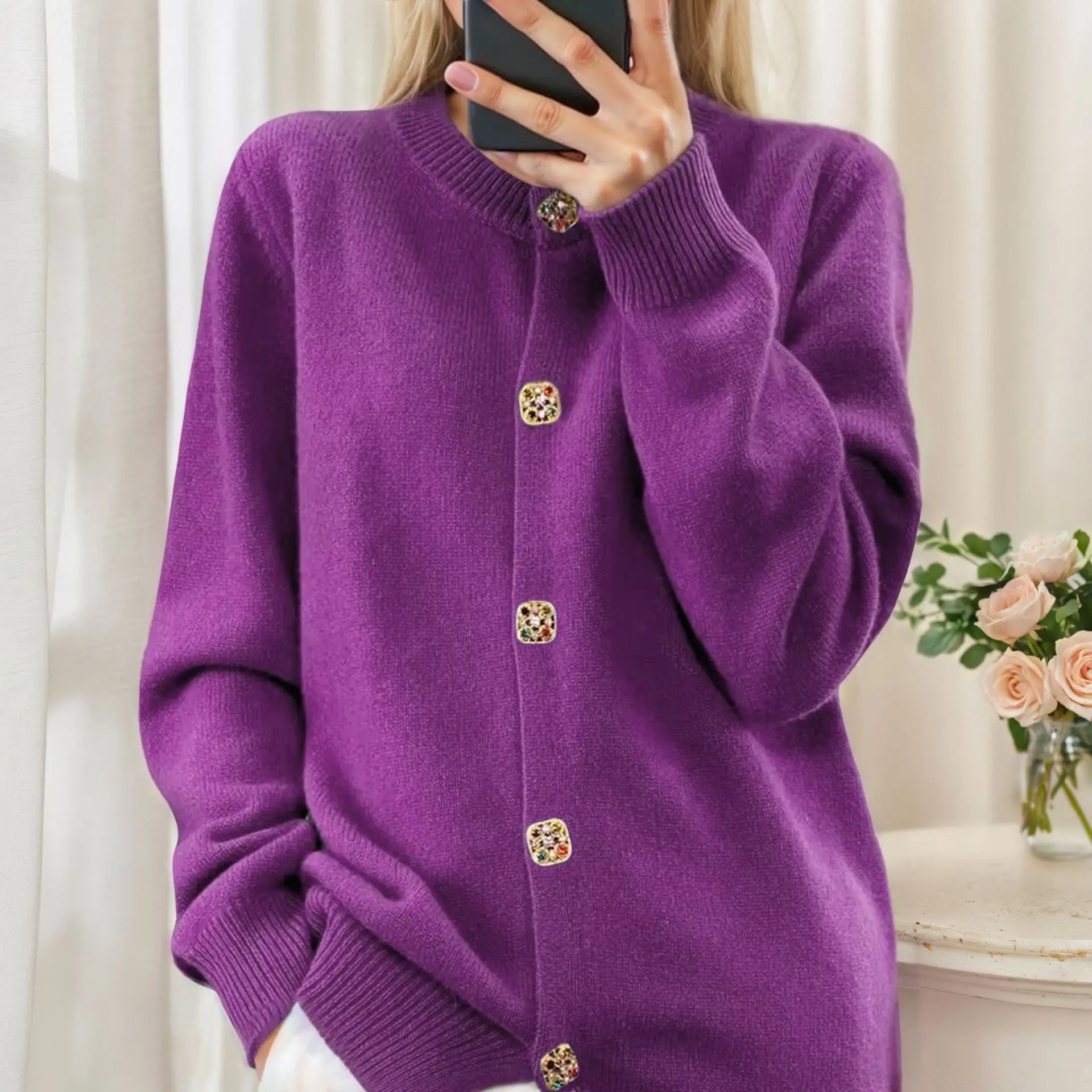 

Женский вязаный кардиган с длинными рукавами и круглым вырезом, свитер с ромбовидной пуговицей, однотонная куртка на осень/зиму, новая мода от