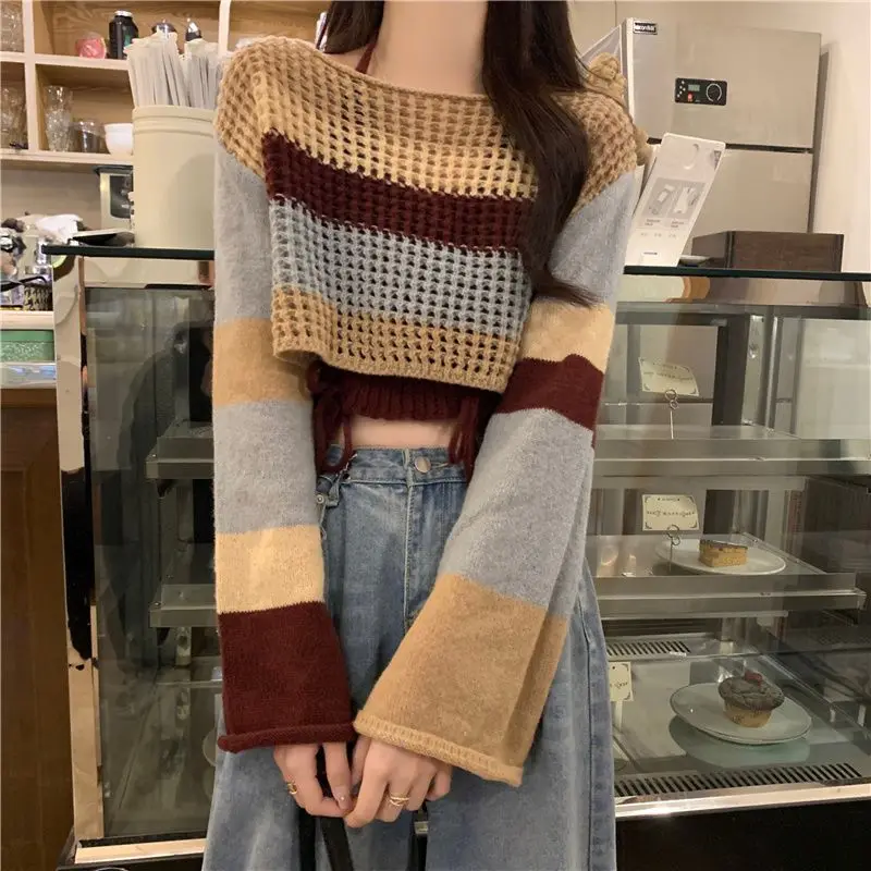 Hollow Out Fashion Women Sweaters 2024 Autumn 2 Pcs Pullovers Knitwears Long Sleeve Clothes Knit Top Ladies Striped Sweater New