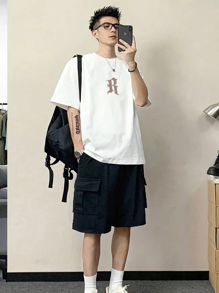 

Men's Shorts Set Sports Suits White Alphabet Two-piece Offer Youthful Emo Male T Shirt Short Sets Trends Costumes Stylish Loose