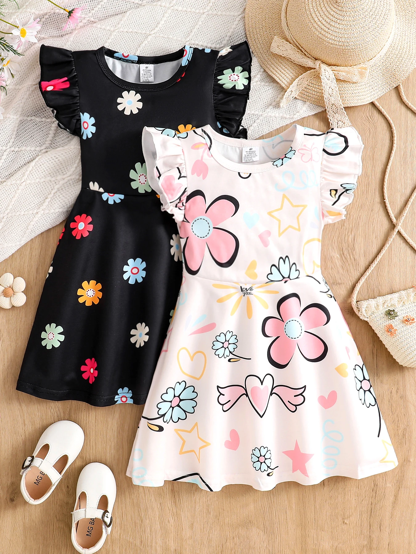 2-teiliges Set modischer, schlichter Sommerkleider für Mädchen, mittellanges Kleid mit Blumen- und Herz-Print, Rundhalsausschnitt und Flatterärmeln, tailliertem Schnitt für Kleinkinder, vielseitige,