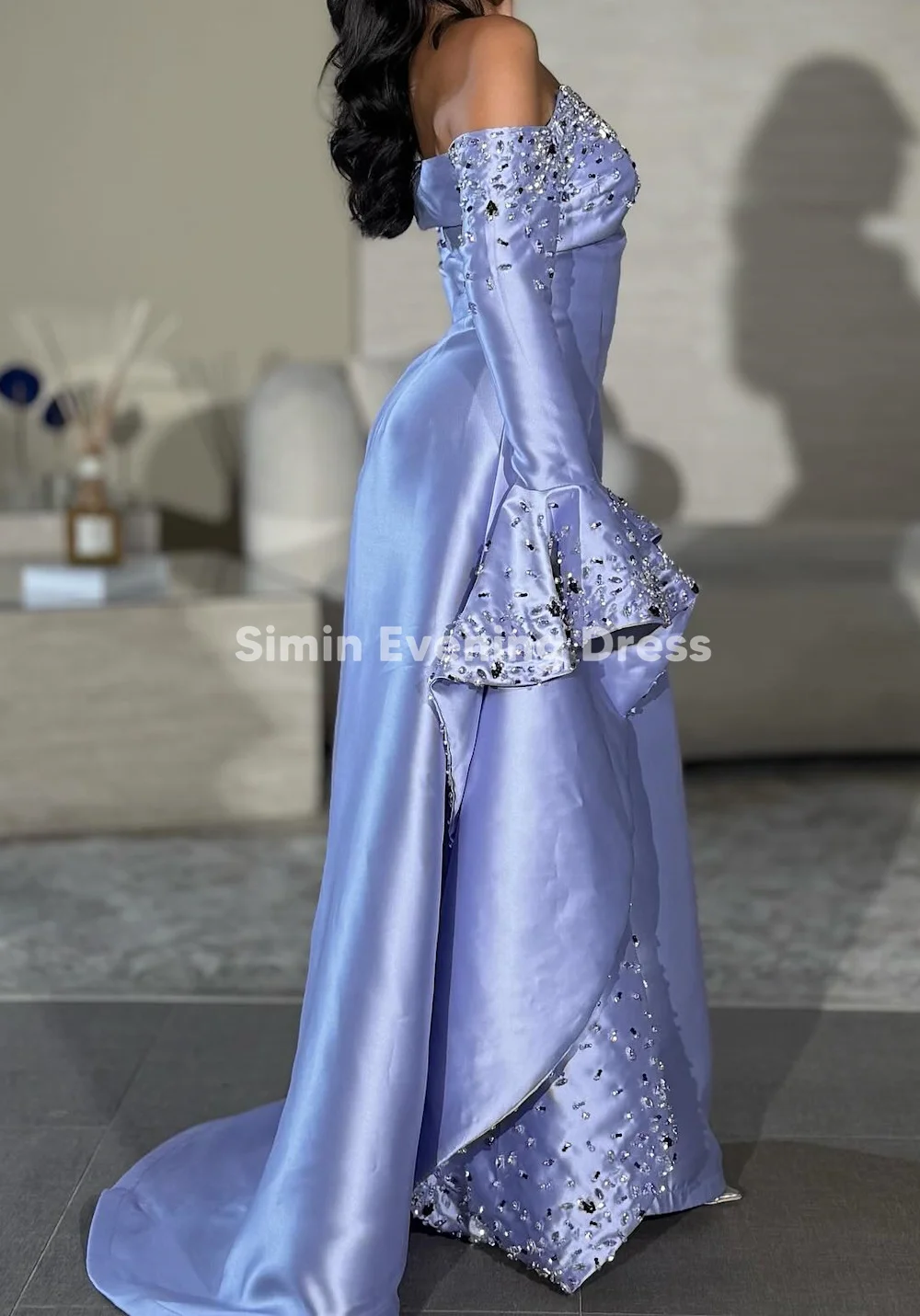 심인 여성용 새틴 오프숄더 비즈 장식 롱 이브닝 드레스, 긴 소매 없는 우아한 파티 드레스 2025