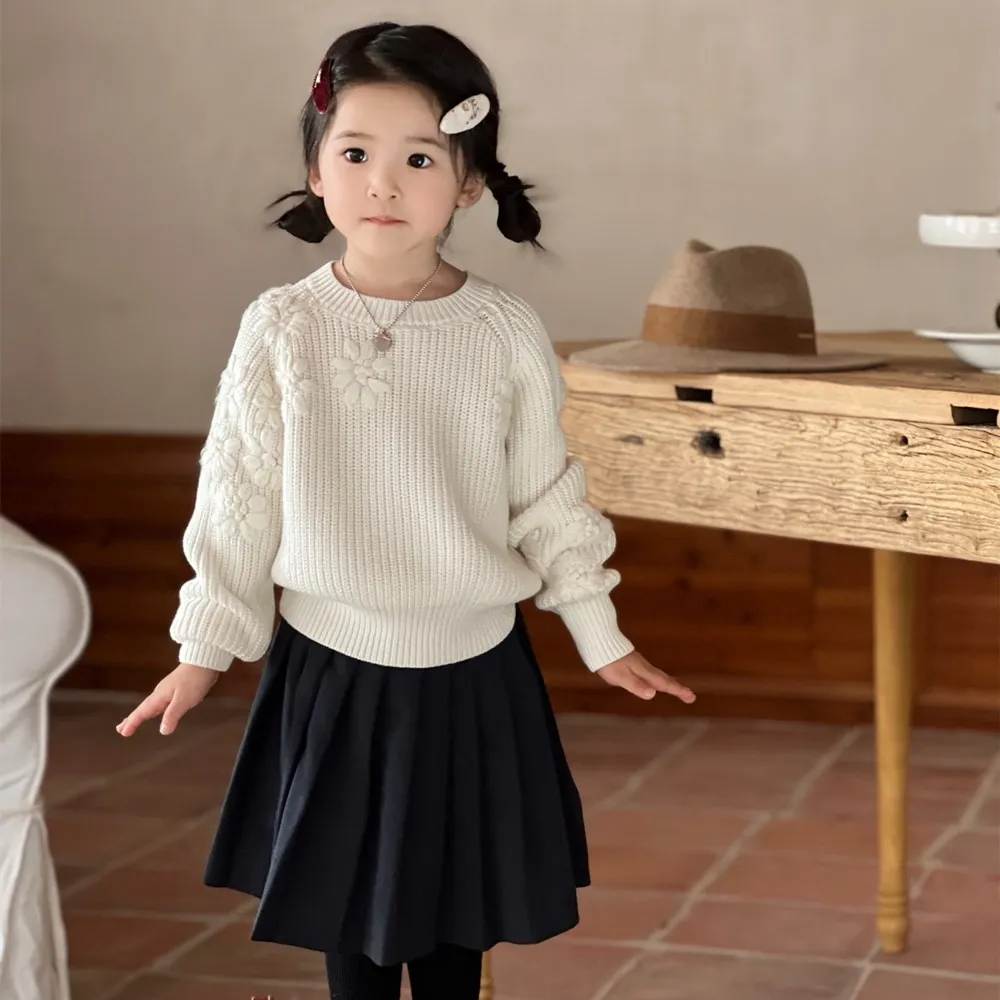 

British style High quality embroidery Flower knitted solid color sweater kids clothes girls sweater girls clothes